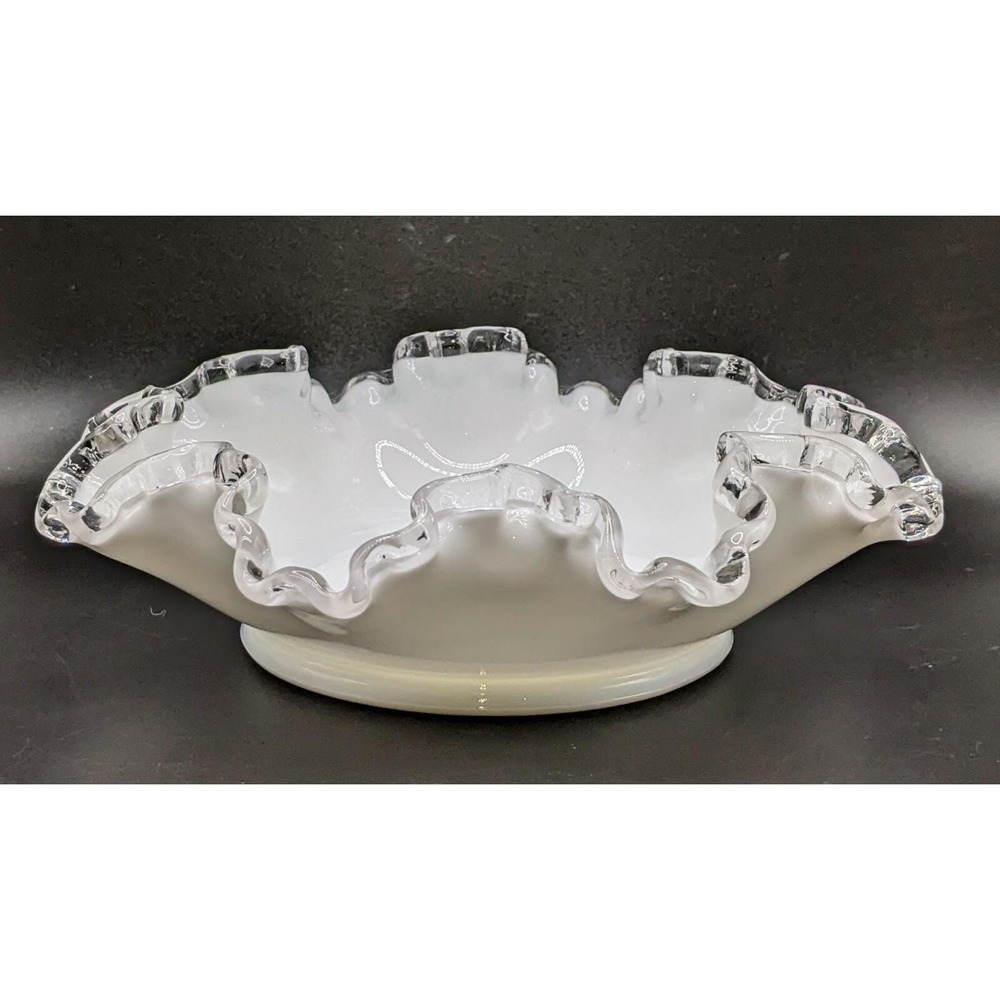 Vintage Fenton MilkGlass Silver Crest Double Crimped Candy Trinket Dish 8"